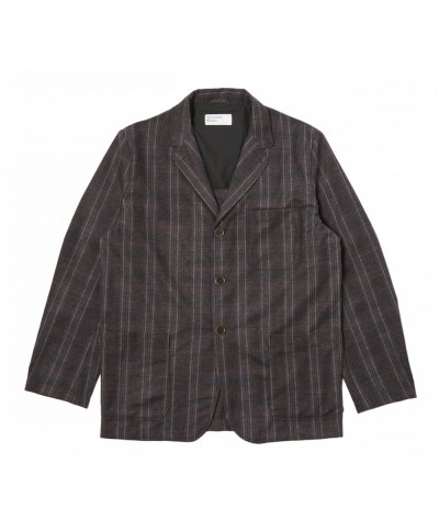 UNIVERSAL WORKS TWIST WOOL CHECK THREE BUTTON JACKET BROWN